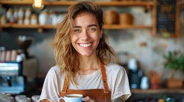 AI generated Smiling Woman Holding a Cup of Coffee photo