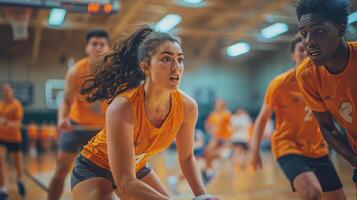 ai generado joven personas jugando un juego de baloncesto foto