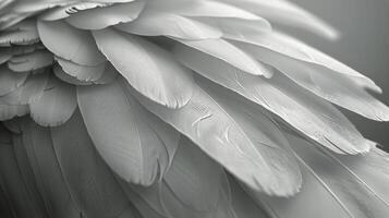 ai generado cerca arriba de blanco pluma en negro y blanco antecedentes foto