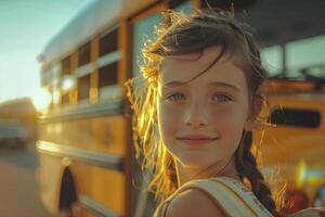 ai generado joven niña en pie en frente de amarillo colegio autobús foto