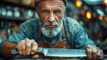 AI generated Man Cutting Meat on Grill photo