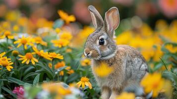 ai generado Conejo sentado en campo de flores foto