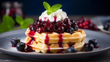 AI generated Gluten free waffle with blueberry compote photo