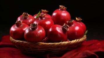 AI generated Pomegranates on a velvety background in a stylish basket photo