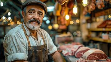 ai generado antiguo hombre corte carne en un corte tablero foto