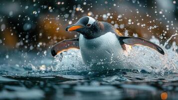 ai generado pingüino salpicaduras en agua en lluvioso día foto