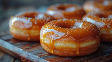 AI generated Two Doughnuts on Wooden Plate photo