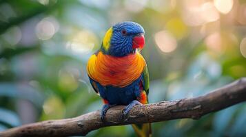 AI generated Colorful Bird Perched on Tree Branch photo