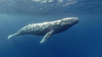 ai generado jorobado ballena nadando en el Oceano foto