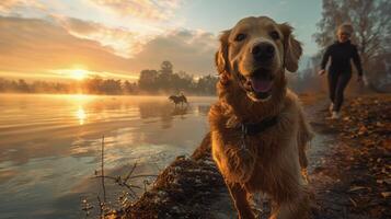 AI generated Golden Retriever Walking Along Shore at Sunset photo