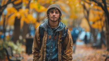 ai generado joven hombre en gorro caminando abajo el calle foto