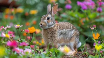 AI generated Rabbit Sitting in Field of Flowers photo