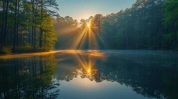 AI generated Sun Shining Through Clouds Over Lake photo