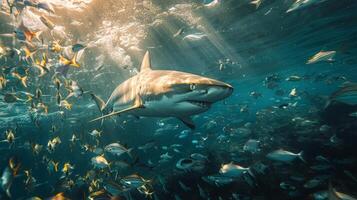 AI generated Great White Shark Swimming Through School of Fish photo