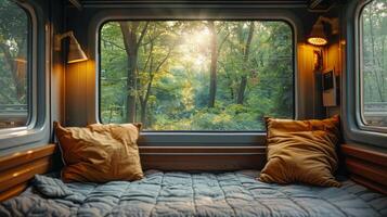 ai generado sofá en frente de ventana en un tren foto