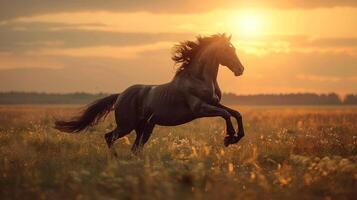 ai generado caballo corriendo mediante campo a puesta de sol foto