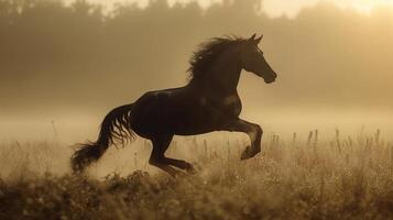 ai generado caballo corriendo mediante campo a puesta de sol foto