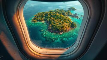 ai generado avión ventana ver de tropical isla foto