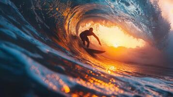 ai generado hombre montando ola en tabla de surf foto