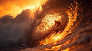 ai generado hombre montando ola en tabla de surf foto