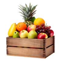 ai généré des fruits dans en bois boîte isolé sur transparent Contexte png