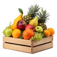 ai generado frutas en de madera caja aislado en transparente antecedentes png