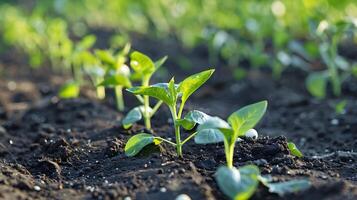 AI generated Close-up of young seedlings being planted in a row on a farm in the ground, industrial horticulture. photo