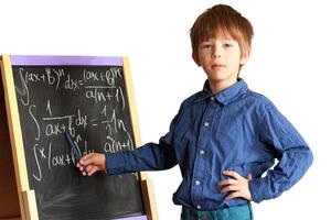 Little geek near the board explaining how to solve integral rational functions, isolated on white background photo