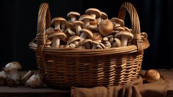 AI generated Abundant basket of flavorful, fresh mushrooms photo