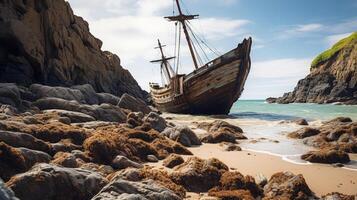 AI generated Wrecked Ship among Rocks and Waves photo