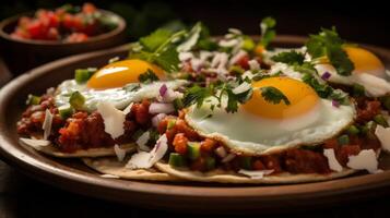 AI generated Mexican breakfast featuring delicious Huevos Rancheros photo