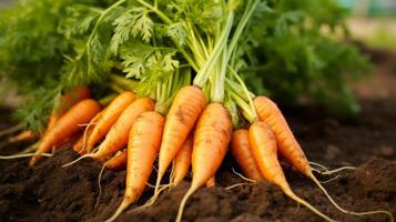 AI generated Close up of fresh, orange carrots in the ground photo