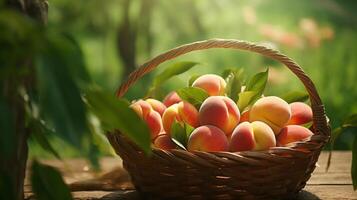 AI generated Fresh peaches in a summer themed basket photo