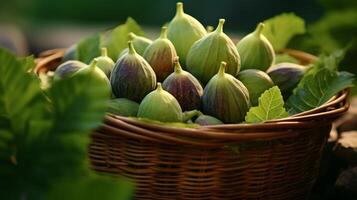 AI generated Fresh figs in rustic basket, close up view photo