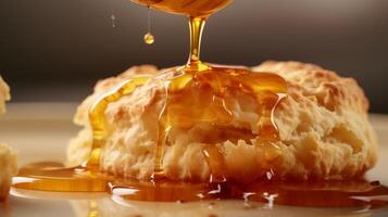 AI generated Honey drizzling on a biscuit close up photo