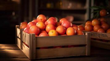 ai generado capturar rústico encanto con un caja de sangre naranjas foto