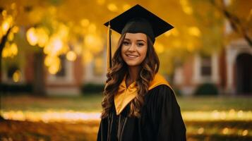 ai generado sonriente graduado celebrando con gorra y vestido foto