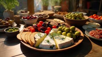 AI generated Turkish breakfast spread featuring olives and cheese photo