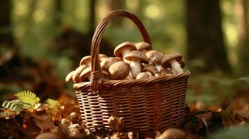 AI generated Basket overflowing with ripe, earthy mushrooms photo