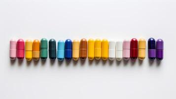 AI generated Assorted prescription pills in vibrant colors. photo