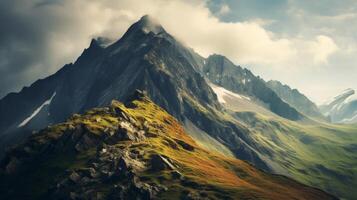 AI generated The beauty and grandeur of a mountain ridge, captured in a closeup shot, showing the details and textures of the rocks and the snow photo