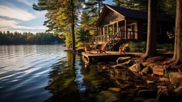 AI generated A simple and elegant cabin on the bank of a quiet lake with a window and a bench photo