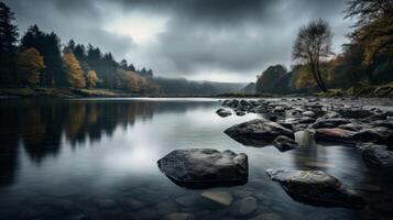 AI generated Tranquil river under cloudy sky in soft light photo