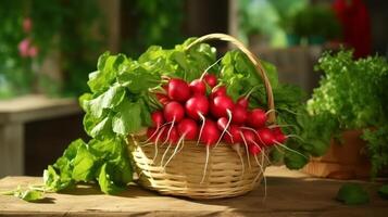 AI generated Basket with freshly harvested and vibrant radishes photo