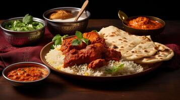 ai generado un mantequilla pollo, naan, y Biryani cena en un norte indio estilo todavía vida foto