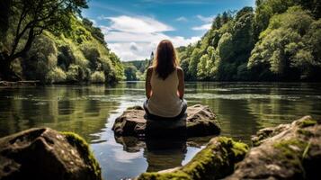 AI generated Serenity by the riverside for meditation photo