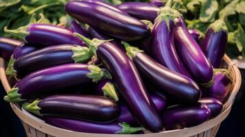 AI generated Woven basket filled with glossy, purple aubergines photo
