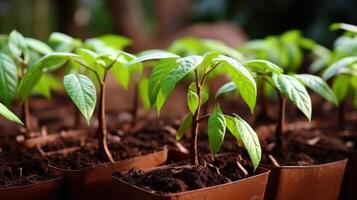 AI generated Cocoa tree seedlings adorned with developing cacao pods photo