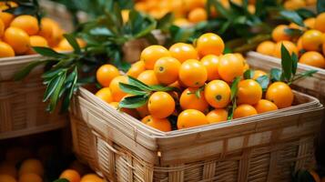 AI generated Juicy and ripe loquats presented in appealing and abundant baskets photo