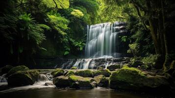 AI generated Tranquil waterfall with lush greenery in scenic view photo